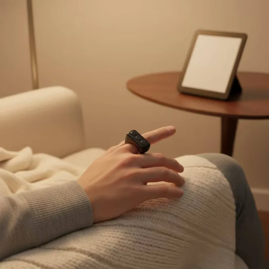 Kindle on a stand beside the couch, ring on the reader's finger
